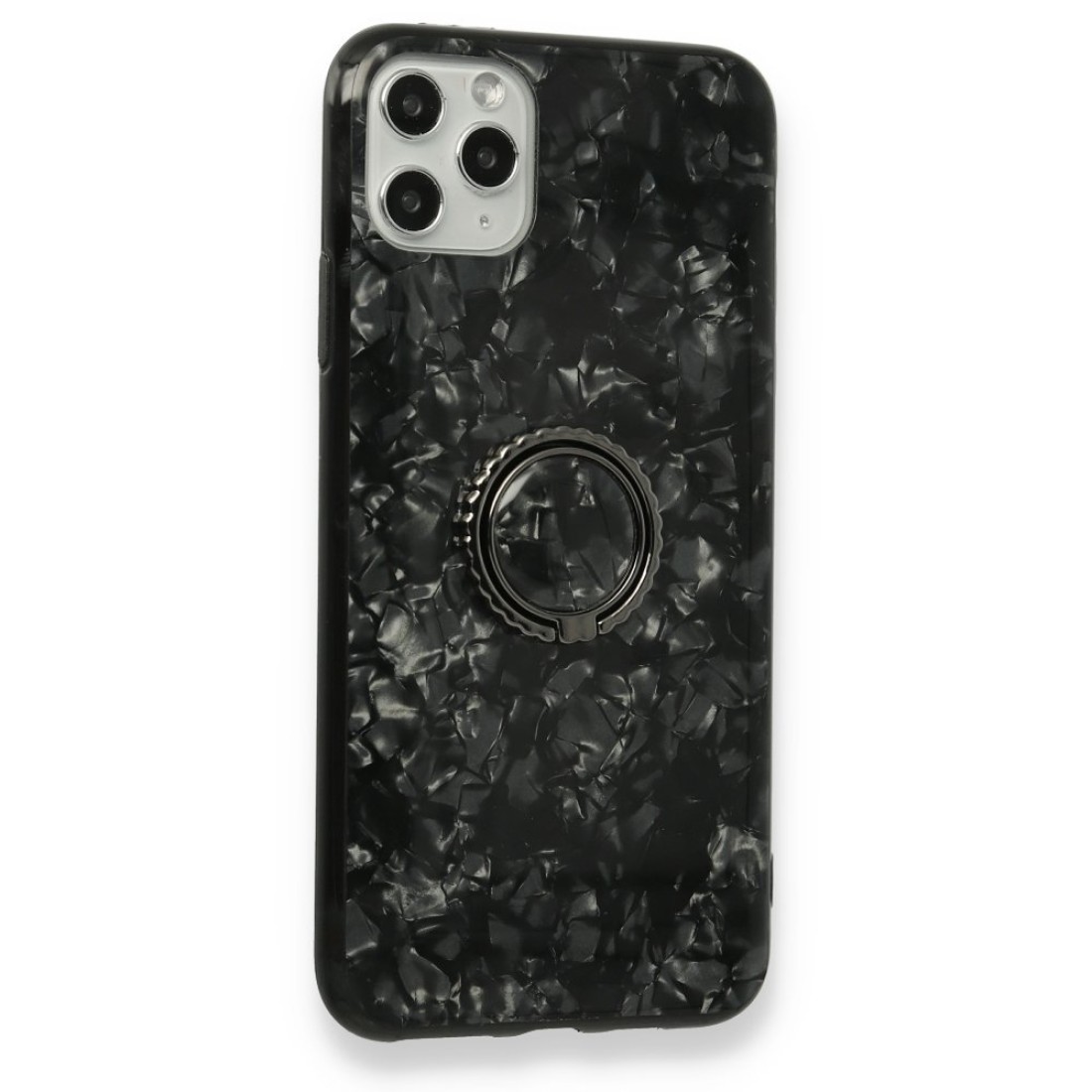 Apple iPhone 11 Pro Kılıf Marble Yüzüklü Silikon - Siyah