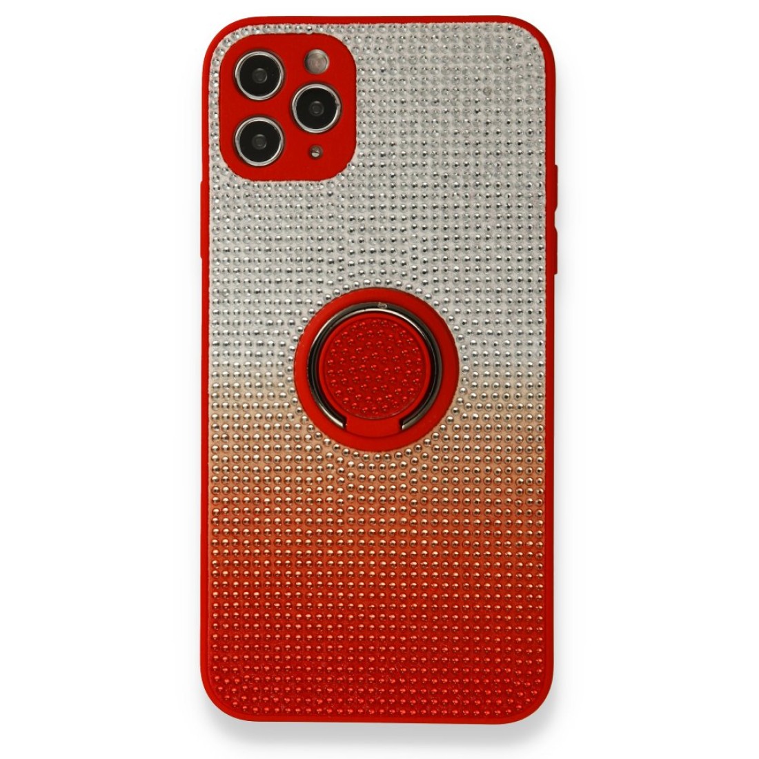 Apple iPhone 11 Pro Max Kılıf Daytona Yüzüklü Taşlı Silikon - Kırmızı