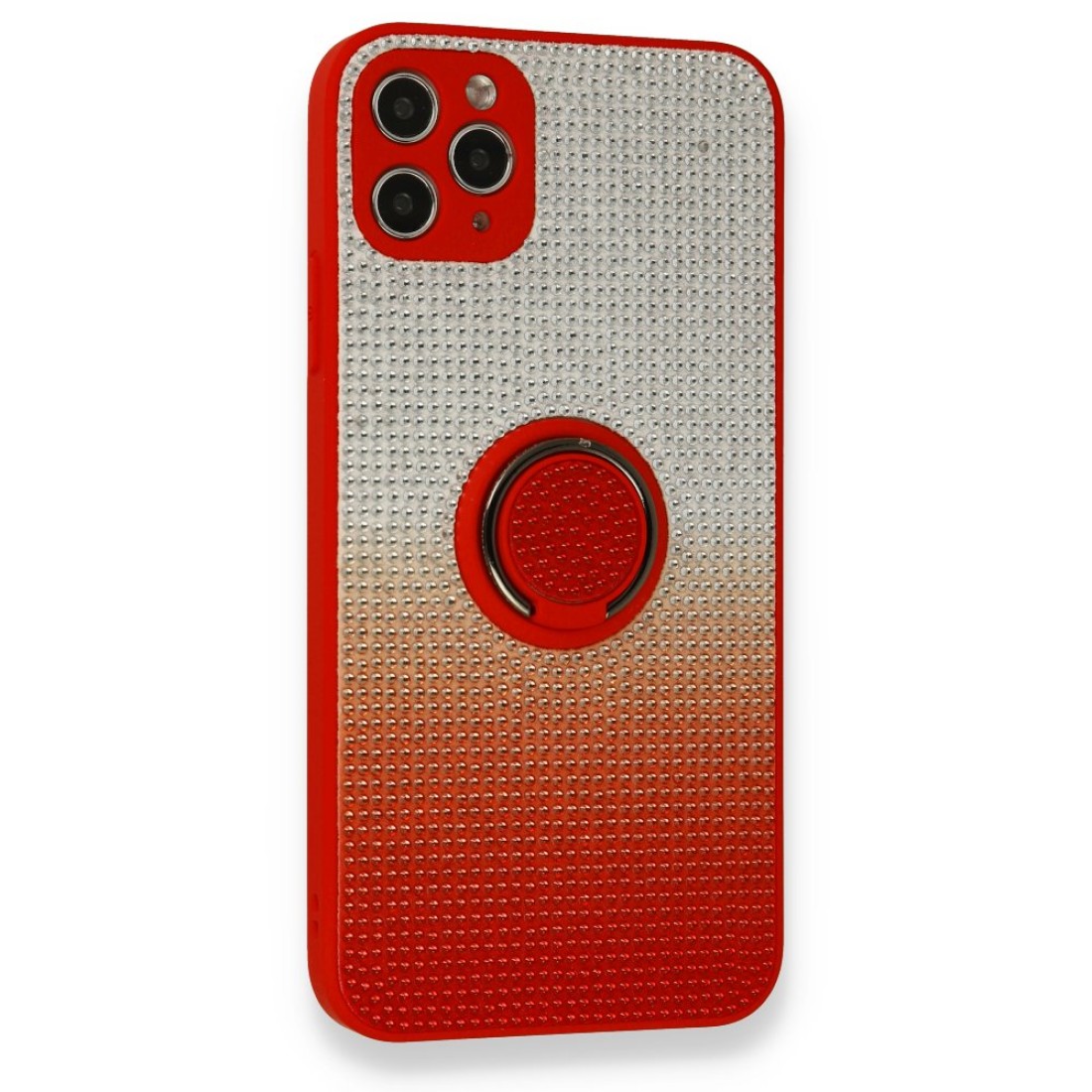 Apple iPhone 11 Pro Max Kılıf Daytona Yüzüklü Taşlı Silikon - Kırmızı