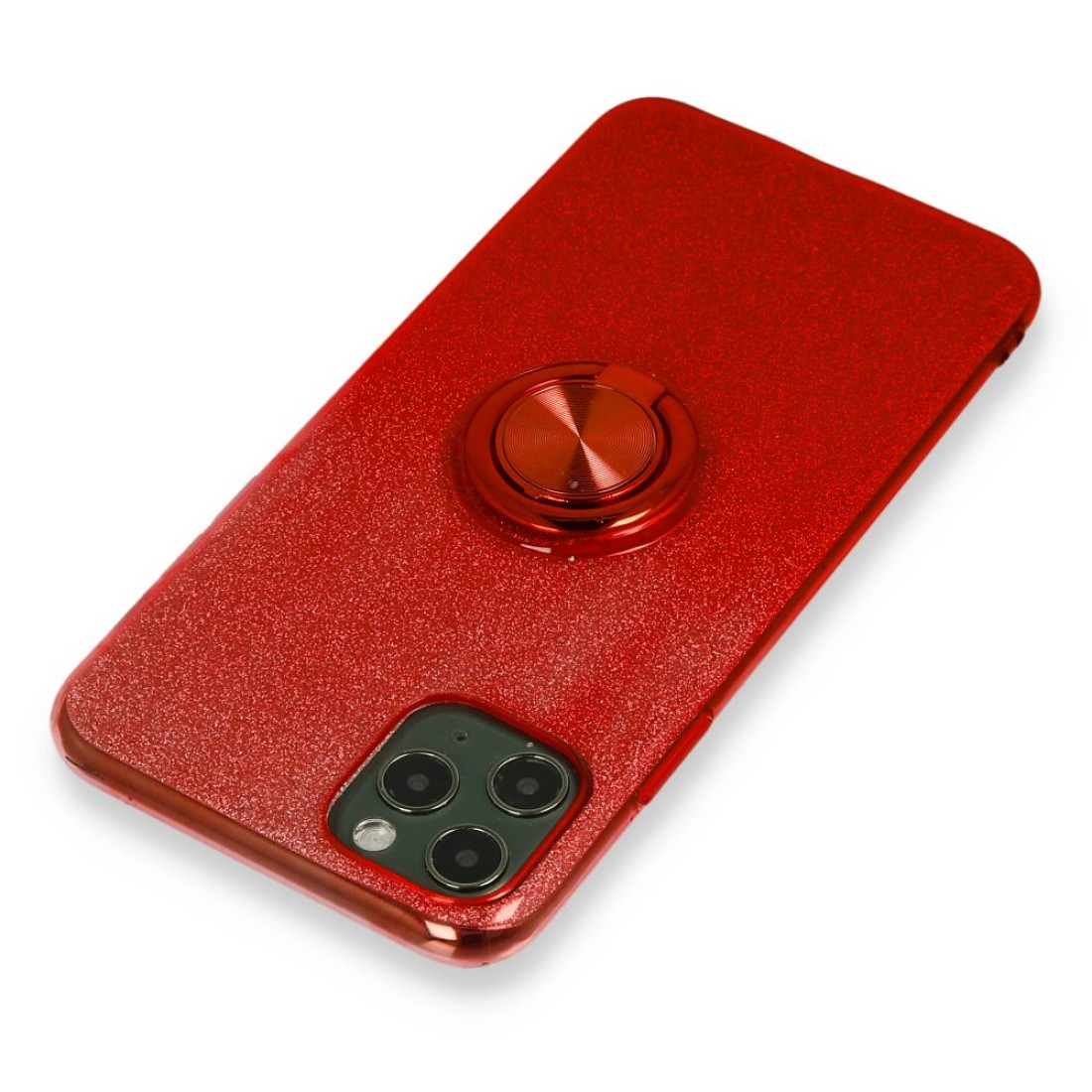 Apple iPhone 11 Pro Max Kılıf Simli Yüzüklü Silikon - Kırmızı