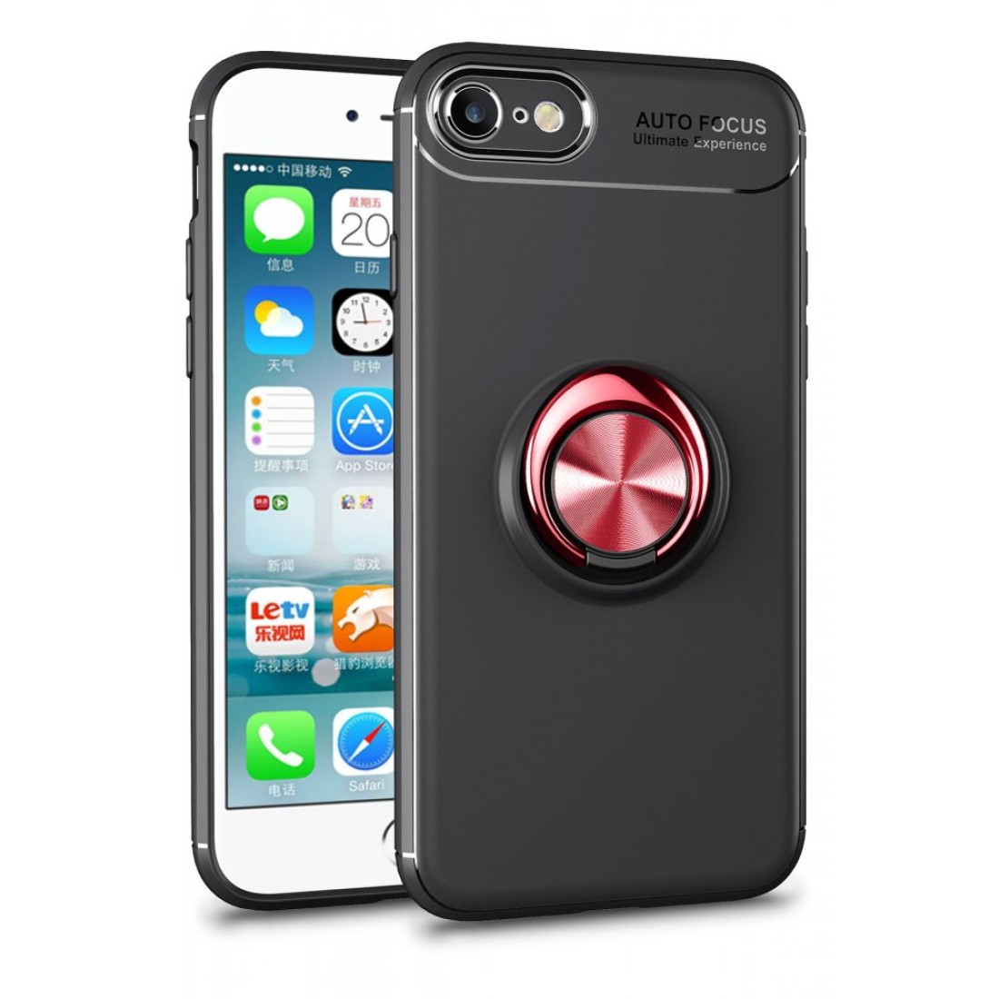 Apple iPhone 7 Kılıf Range Yüzüklü Silikon - Siyah-Kırmızı