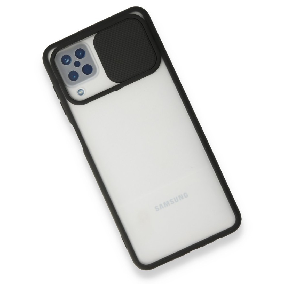 Samsung Galaxy A12 Kılıf Palm Buzlu Kamera Sürgülü Silikon - Siyah