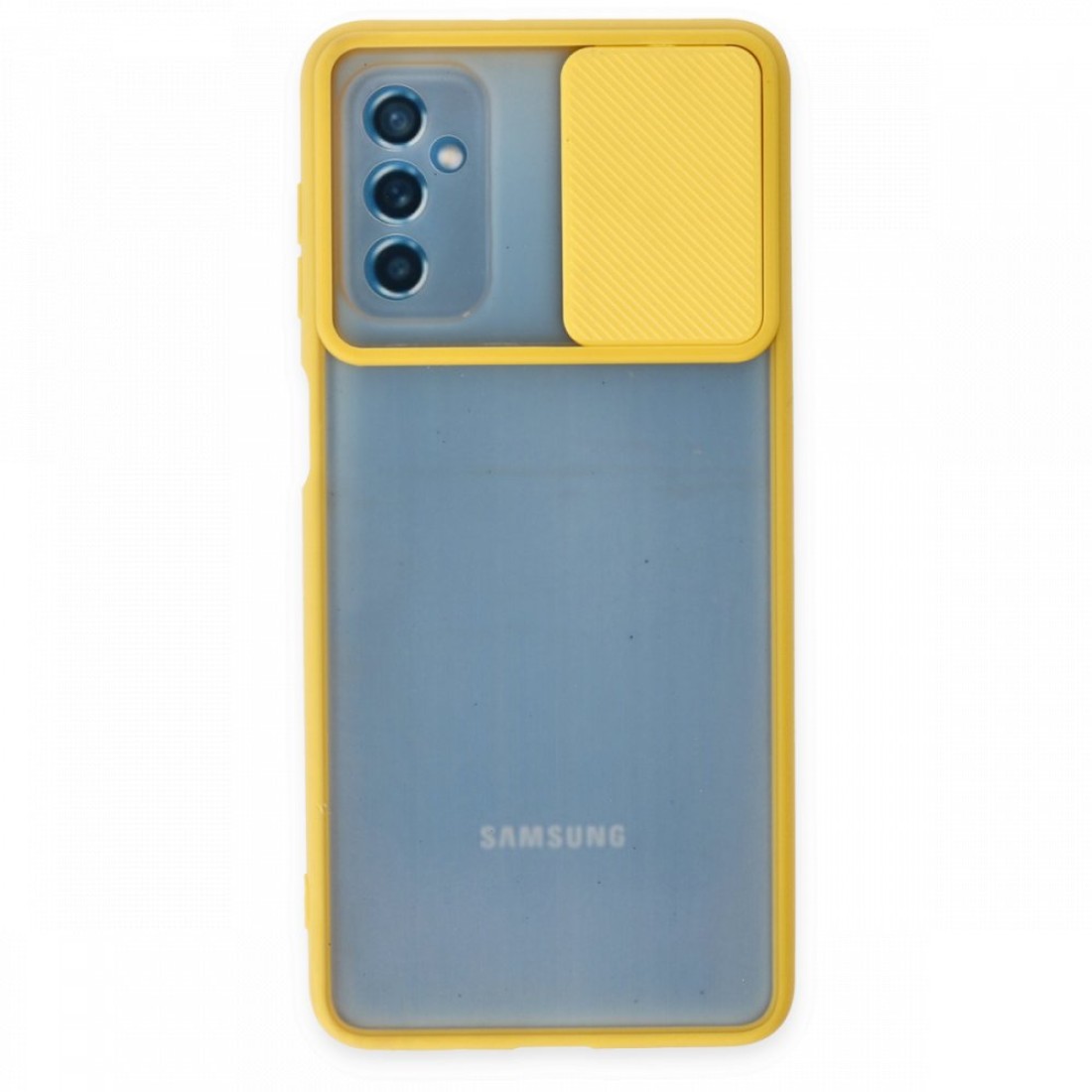 Samsung Galaxy M52 5G Kılıf Palm Buzlu Kamera Sürgülü Silikon - Sarı
