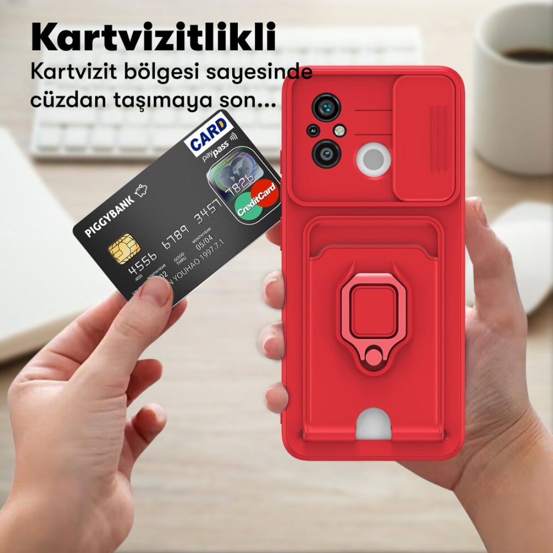 Xiaomi Redmi 12C Kılıf Zuma Kartvizitli Yüzüklü Silikon - Kırmızı